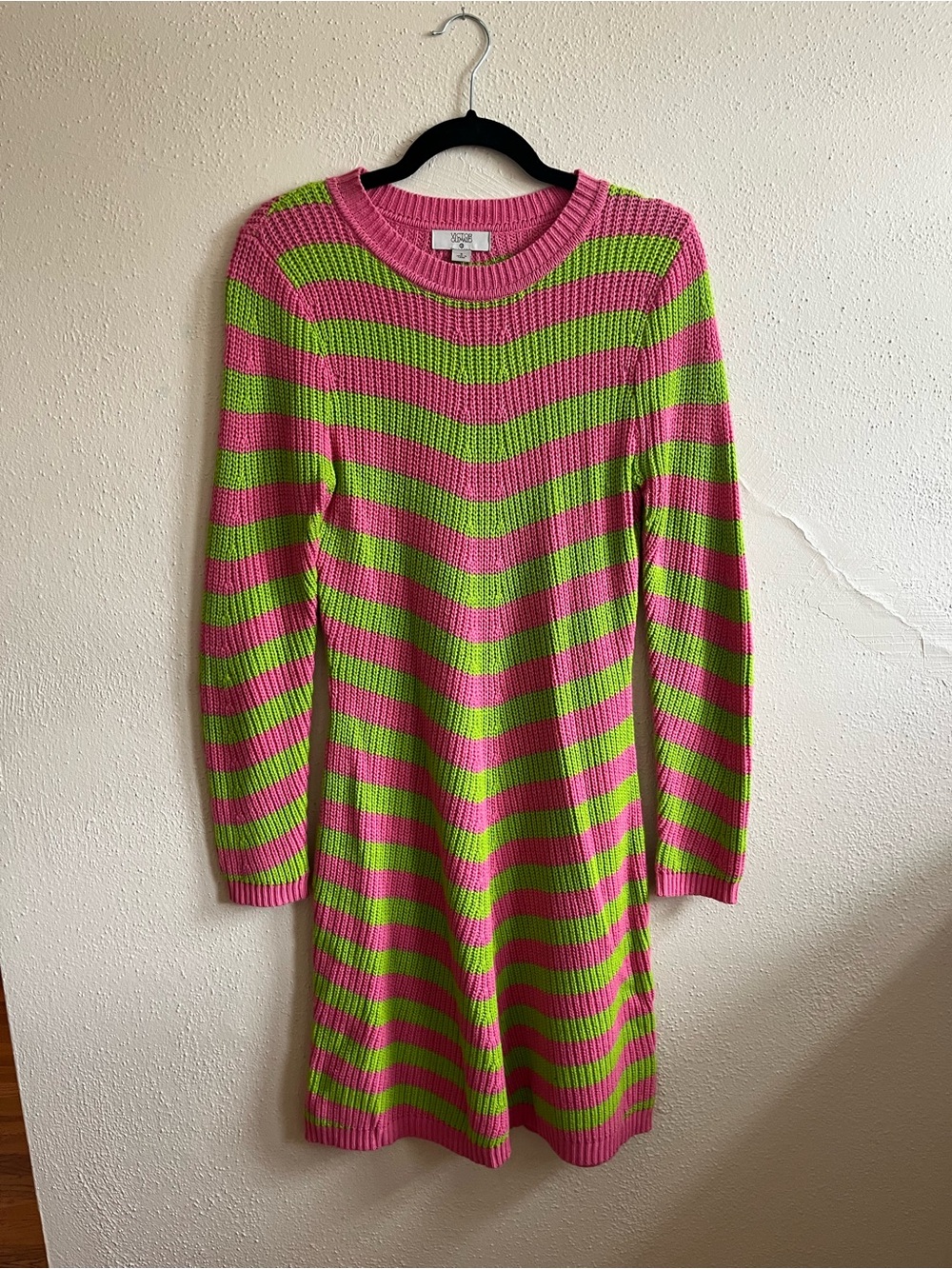 Victor Glemaud Pink and Green Striped Crewneck Sweater Dress